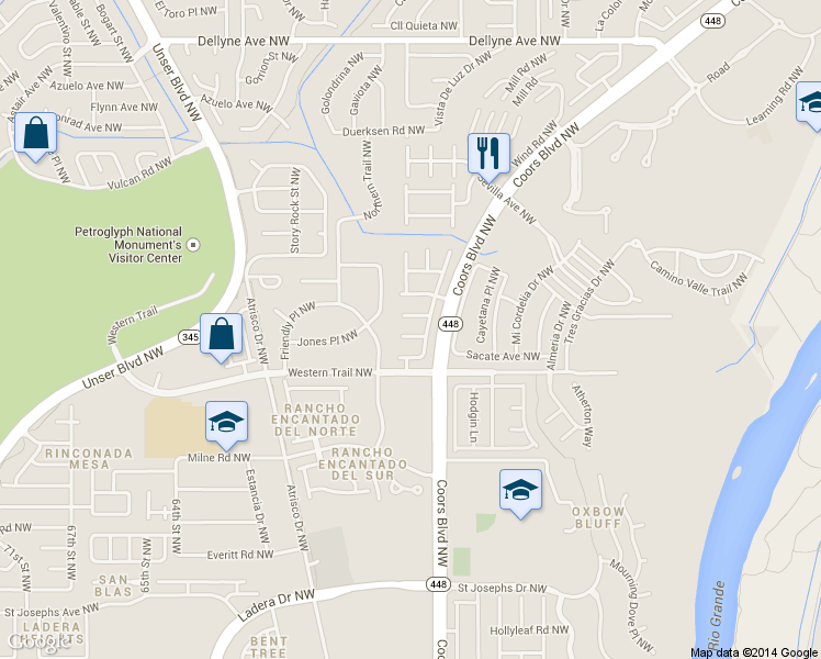 map of restaurants, bars, coffee shops, grocery stores, and more near 5505 Payson Court Northwest in Albuquerque