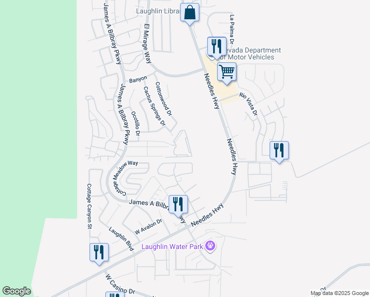 map of restaurants, bars, coffee shops, grocery stores, and more near 2052 Mesquite Lane in Laughlin