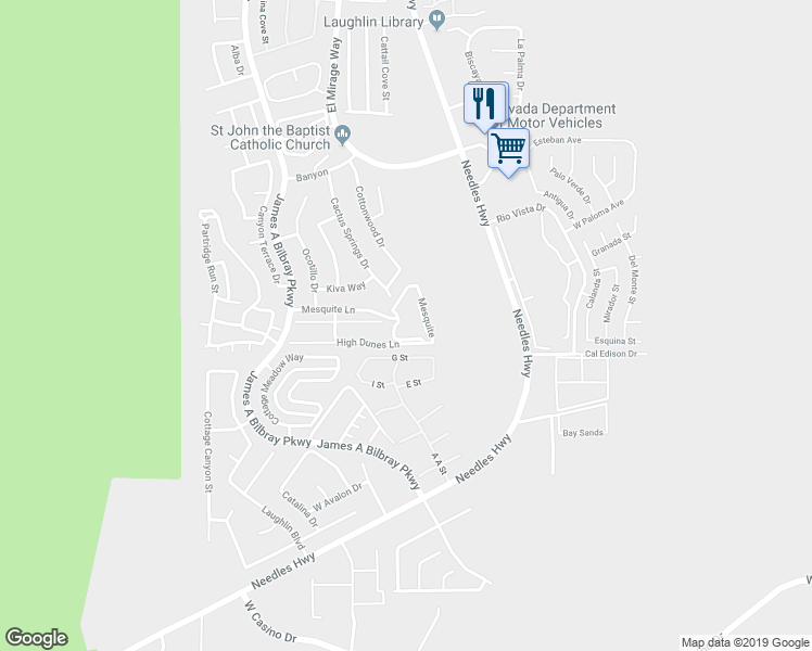 map of restaurants, bars, coffee shops, grocery stores, and more near 2052 Mesquite Lane in Laughlin