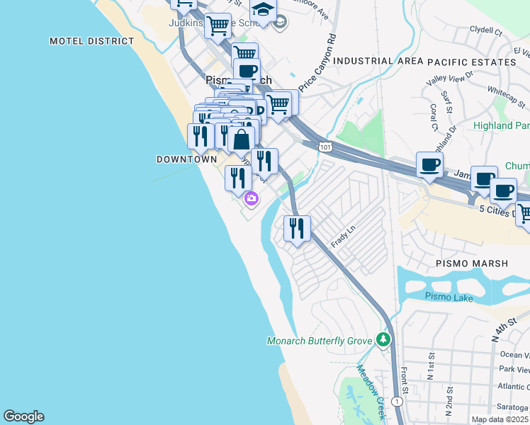 map of restaurants, bars, coffee shops, grocery stores, and more near 1 Pismo Creek Lane in Pismo Beach