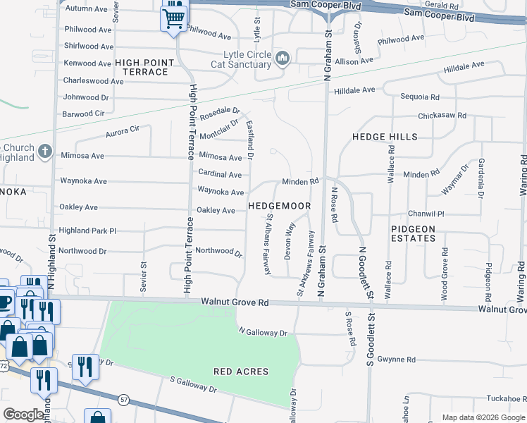 map of restaurants, bars, coffee shops, grocery stores, and more near 162 Eastland Drive in Memphis