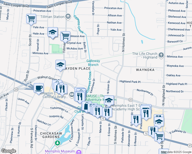 map of restaurants, bars, coffee shops, grocery stores, and more near 148 Eastview Drive in Memphis