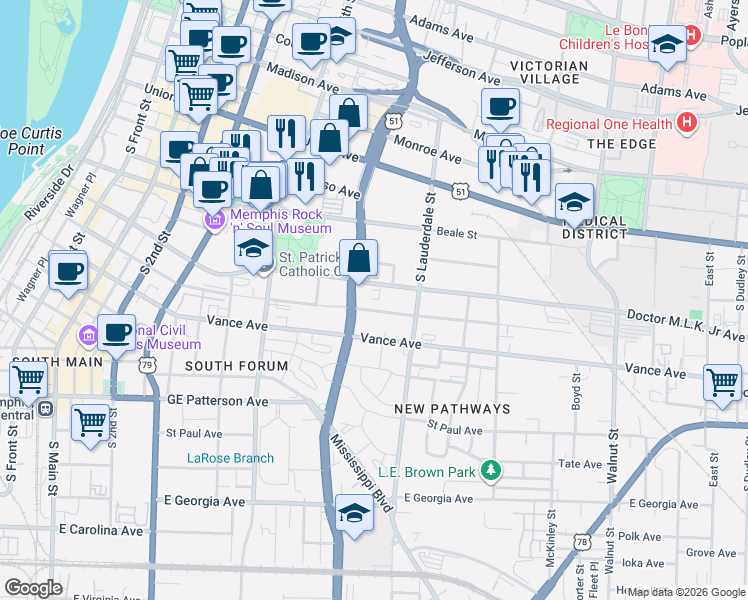 map of restaurants, bars, coffee shops, grocery stores, and more near 506 East Pontotoc Avenue in Memphis