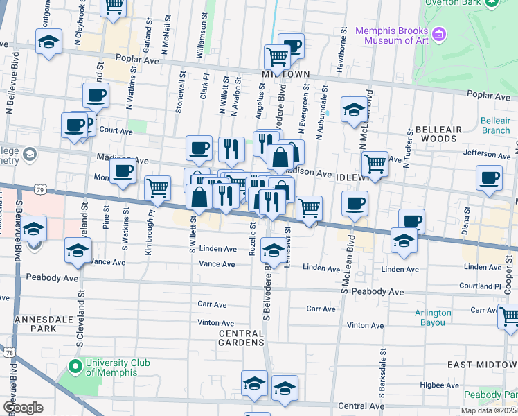 map of restaurants, bars, coffee shops, grocery stores, and more near 1680 Union Avenue in Memphis