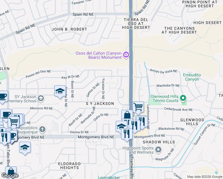 map of restaurants, bars, coffee shops, grocery stores, and more near 4823 Skyline Ridge Court Northeast in Albuquerque