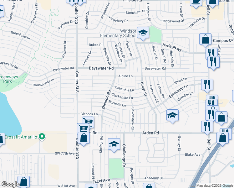 map of restaurants, bars, coffee shops, grocery stores, and more near 6814 Blacksmith Lane in Amarillo