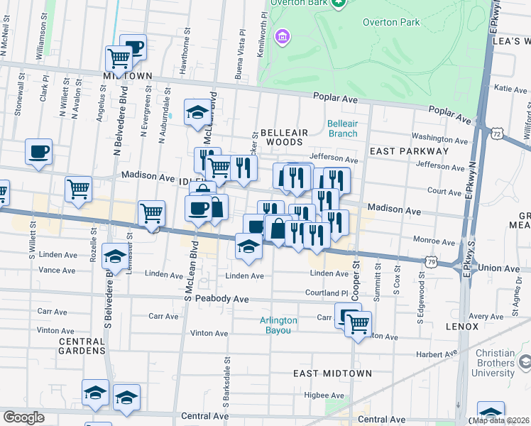 map of restaurants, bars, coffee shops, grocery stores, and more near 1967 Rembert Place in Memphis