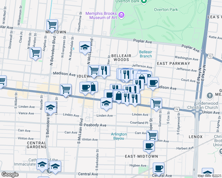 map of restaurants, bars, coffee shops, grocery stores, and more near 1963 Rembert Place in Memphis
