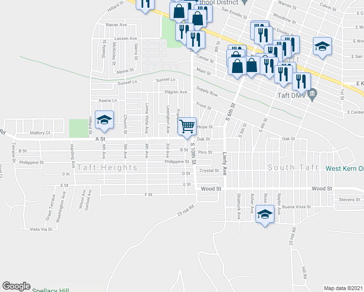 map of restaurants, bars, coffee shops, grocery stores, and more near 202 B Street in Taft