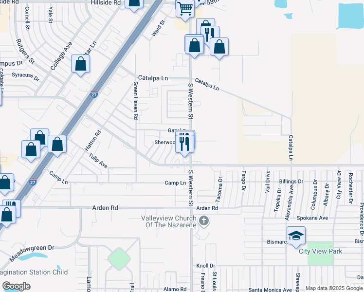 map of restaurants, bars, coffee shops, grocery stores, and more near 4205 Sherwood Lane in Amarillo