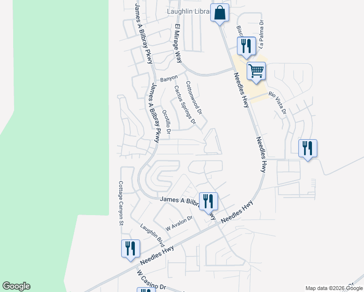 map of restaurants, bars, coffee shops, grocery stores, and more near 2165 Pebble Creek Lane in Laughlin