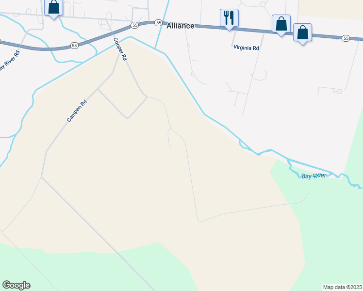 map of restaurants, bars, coffee shops, grocery stores, and more near 768 Cooper Road in Bayboro