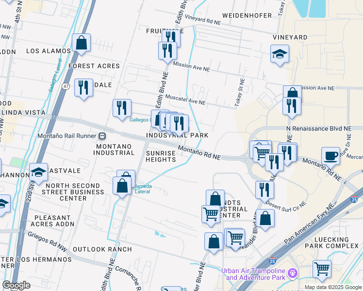 map of restaurants, bars, coffee shops, grocery stores, and more near 435 Montaño Road Northeast in Albuquerque