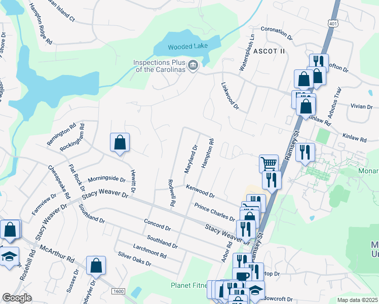 map of restaurants, bars, coffee shops, grocery stores, and more near 5337 Maryland Drive in Fayetteville