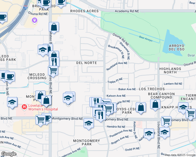 map of restaurants, bars, coffee shops, grocery stores, and more near 4401 San Pedro Drive Northeast in Albuquerque