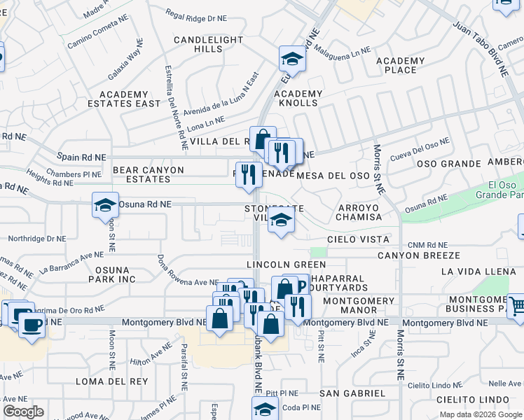 map of restaurants, bars, coffee shops, grocery stores, and more near 4915 Oso Grande Court in Albuquerque