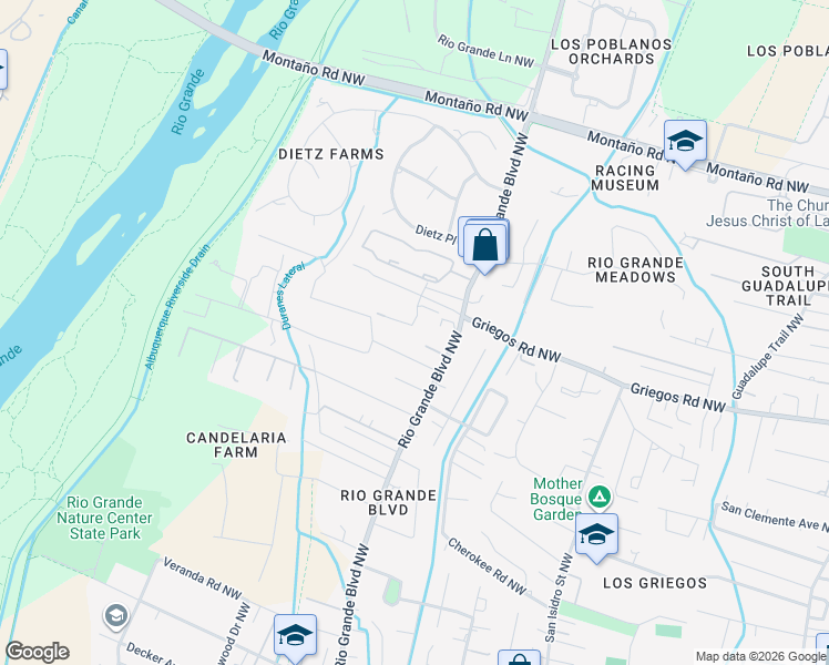 map of restaurants, bars, coffee shops, grocery stores, and more near 2408 Rio Grande Del Sol Court Northwest in Albuquerque