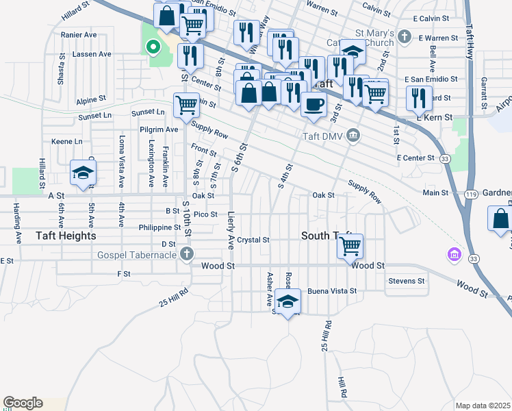 map of restaurants, bars, coffee shops, grocery stores, and more near 116 Shattuck Avenue in Taft