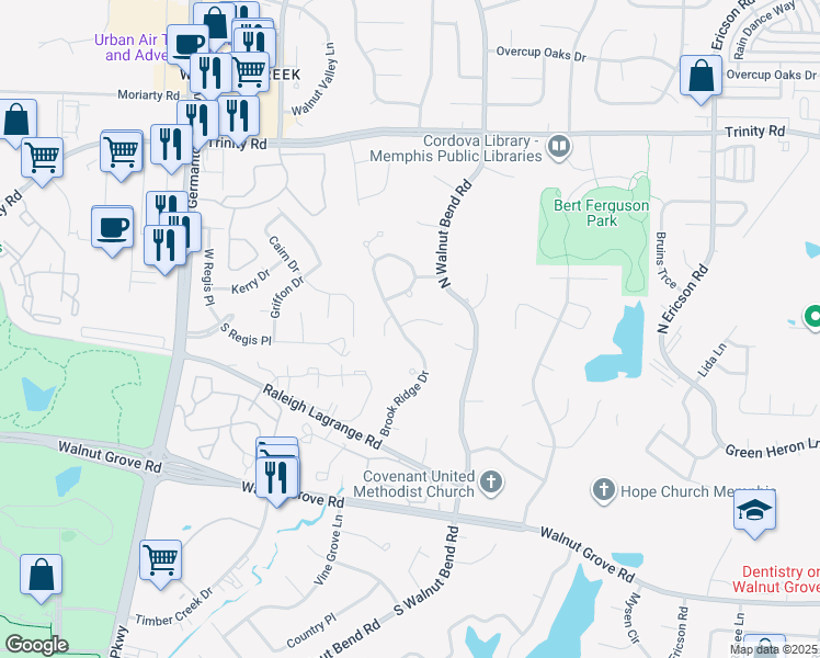 map of restaurants, bars, coffee shops, grocery stores, and more near 8275 Grove Creek Cove in Memphis