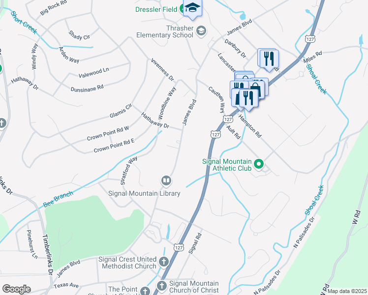 map of restaurants, bars, coffee shops, grocery stores, and more near 1138 James Boulevard in Signal Mountain