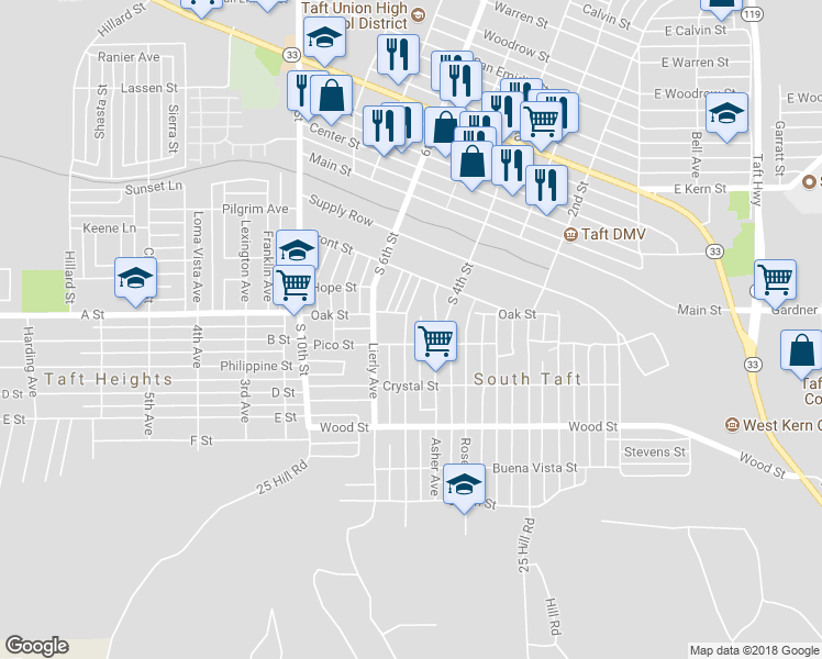 map of restaurants, bars, coffee shops, grocery stores, and more near 116 Shattuck Avenue in Taft