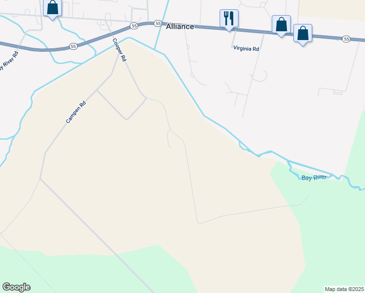map of restaurants, bars, coffee shops, grocery stores, and more near 768 Cooper Road in Bayboro