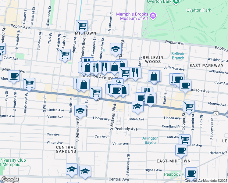 map of restaurants, bars, coffee shops, grocery stores, and more near 41 South McLean Boulevard in Memphis