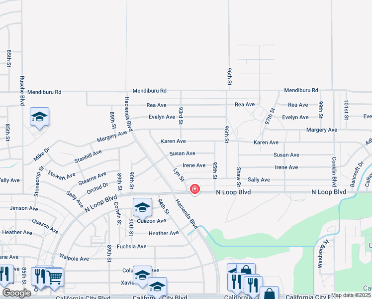 map of restaurants, bars, coffee shops, grocery stores, and more near 9307 Susan Avenue in California City