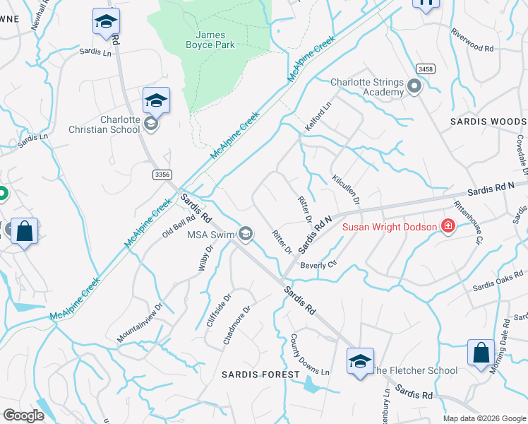 map of restaurants, bars, coffee shops, grocery stores, and more near 7902 Ritter Drive in Charlotte