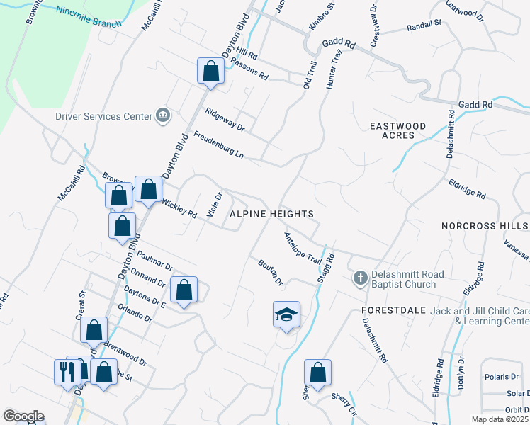 map of restaurants, bars, coffee shops, grocery stores, and more near 4827 Hunter Trail in Chattanooga