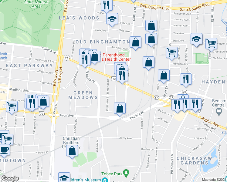 map of restaurants, bars, coffee shops, grocery stores, and more near 2564 Madison Avenue in Memphis