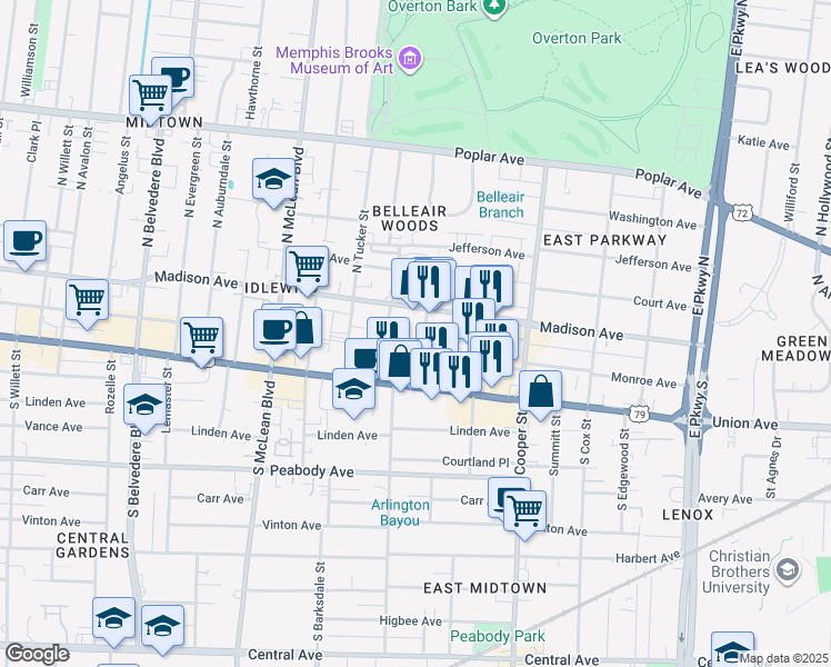 map of restaurants, bars, coffee shops, grocery stores, and more near 30 South Morrison Street in Memphis