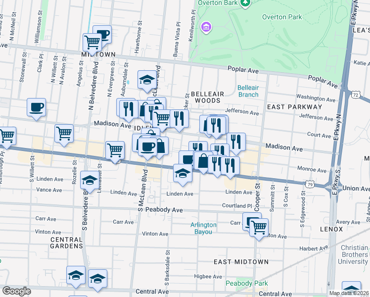 map of restaurants, bars, coffee shops, grocery stores, and more near 32 South Tucker Street in Memphis