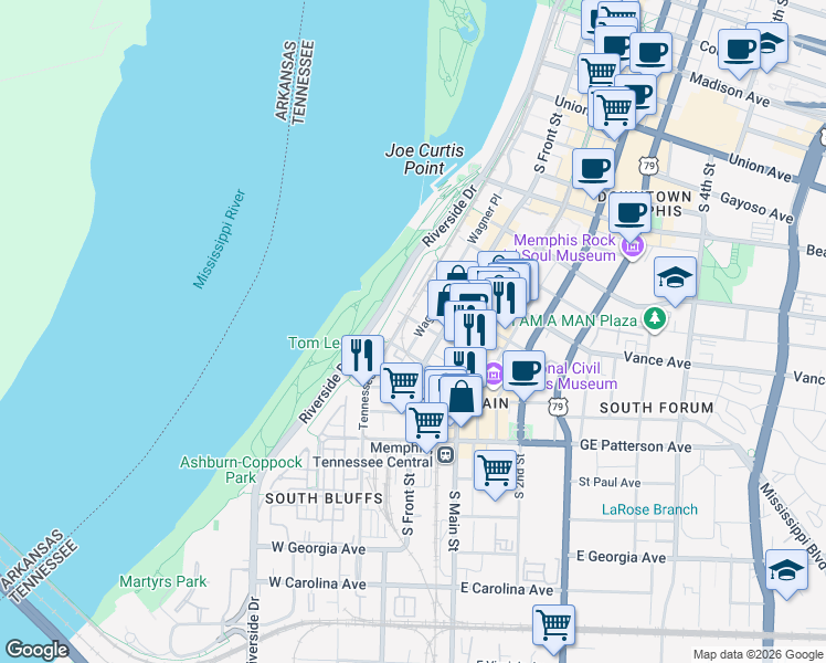 map of restaurants, bars, coffee shops, grocery stores, and more near 411 South Front Street in Memphis