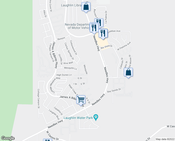 map of restaurants, bars, coffee shops, grocery stores, and more near 2028 Mesquite Lane in Laughlin