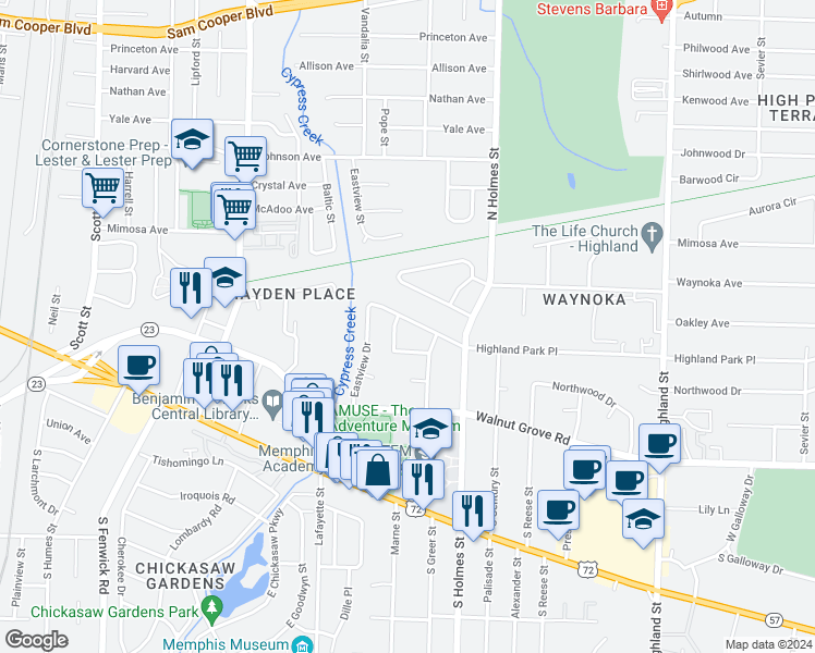 map of restaurants, bars, coffee shops, grocery stores, and more near 3195 Highland Park Place in Memphis