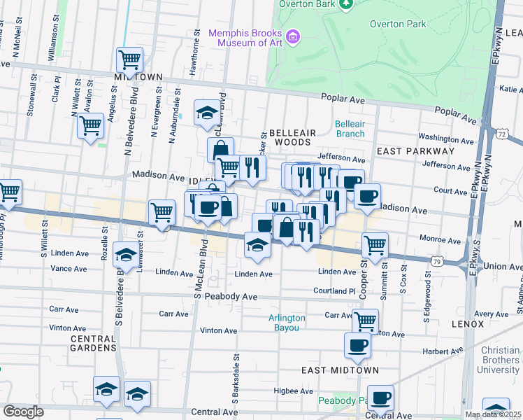 map of restaurants, bars, coffee shops, grocery stores, and more near 32 South Tucker Street in Memphis