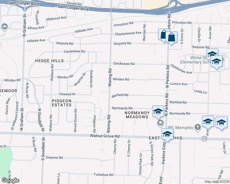 map of restaurants, bars, coffee shops, grocery stores, and more near 180 Waring Road in Memphis