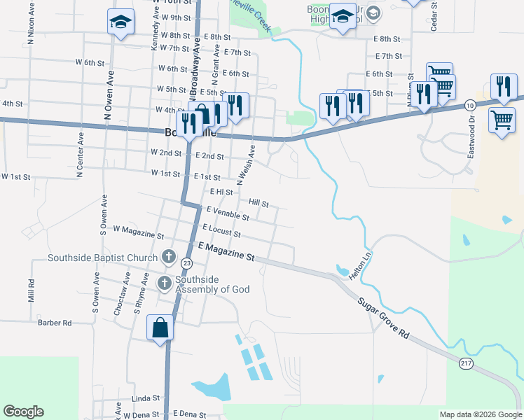 map of restaurants, bars, coffee shops, grocery stores, and more near 398 East Venable Street in Booneville