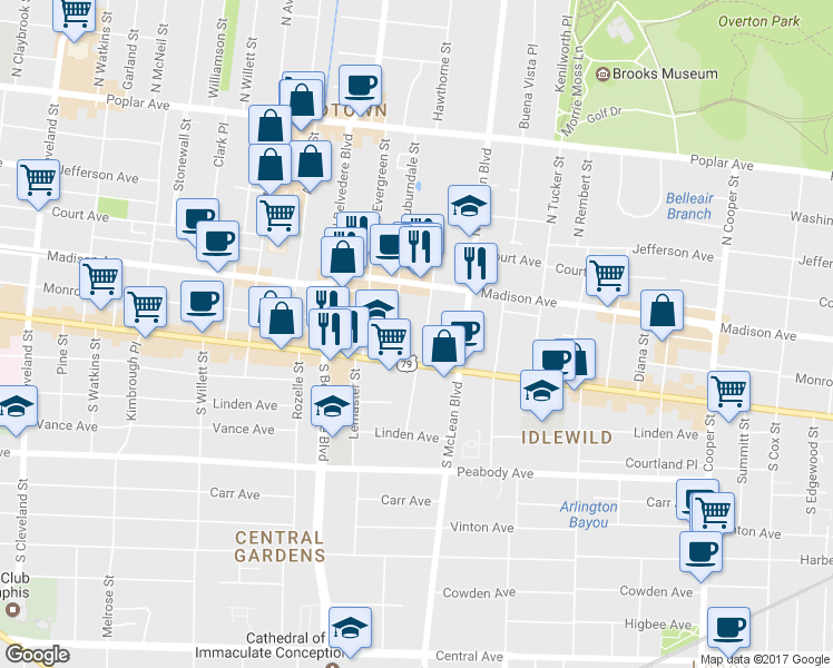 map of restaurants, bars, coffee shops, grocery stores, and more near 45 South Idlewild Street in Memphis
