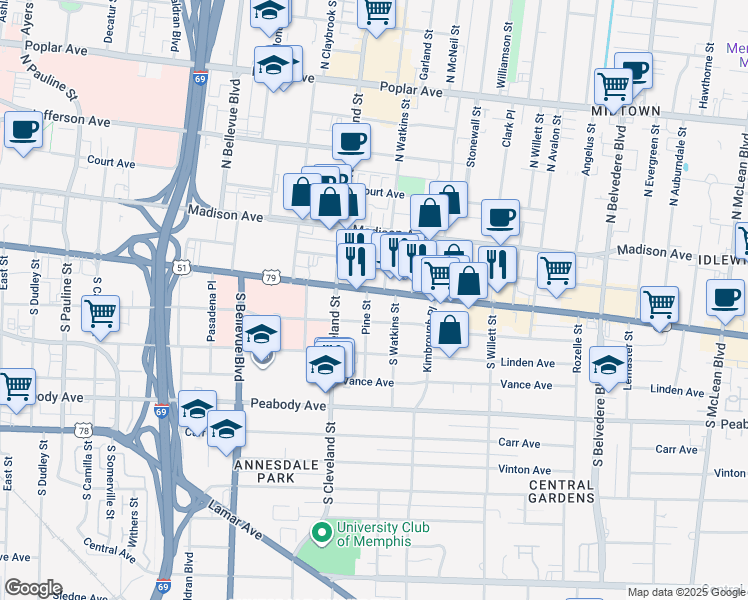 map of restaurants, bars, coffee shops, grocery stores, and more near 1396 Eastmoreland Avenue in Memphis