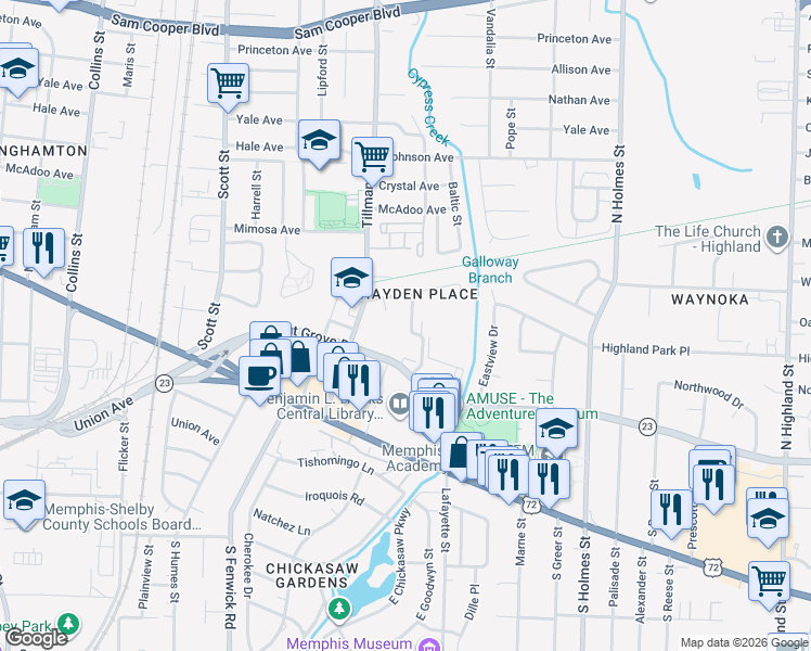 map of restaurants, bars, coffee shops, grocery stores, and more near 159 Hayden Place in Memphis
