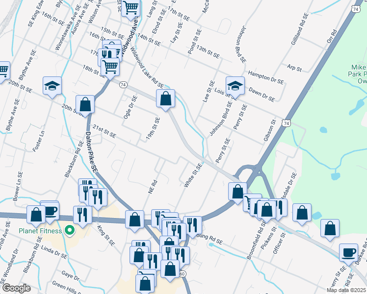 map of restaurants, bars, coffee shops, grocery stores, and more near 1540 Spring Place Road Southeast in Cleveland