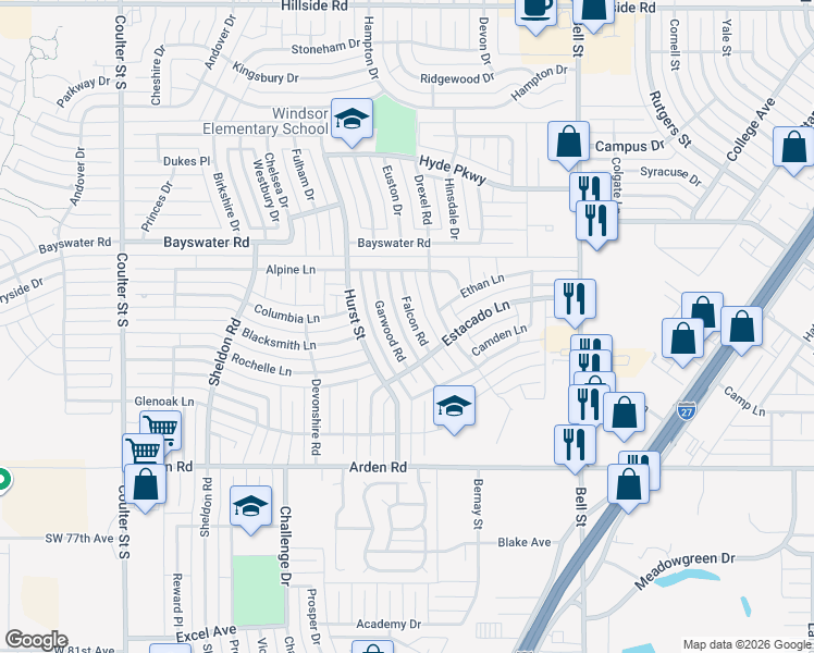 map of restaurants, bars, coffee shops, grocery stores, and more near 6610 Falcon Road in Amarillo