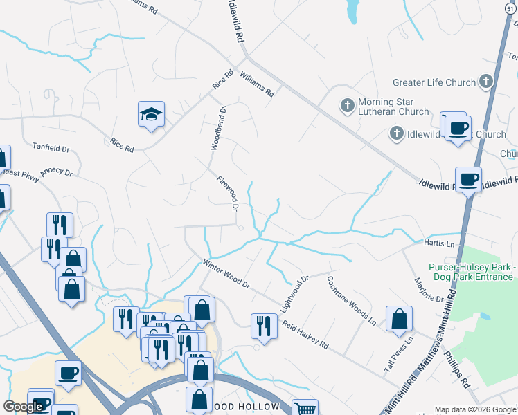 map of restaurants, bars, coffee shops, grocery stores, and more near 1522 Sweetgum Lane in Matthews