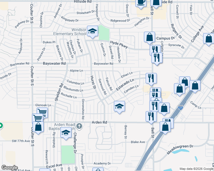 map of restaurants, bars, coffee shops, grocery stores, and more near 6610 Falcon Road in Amarillo