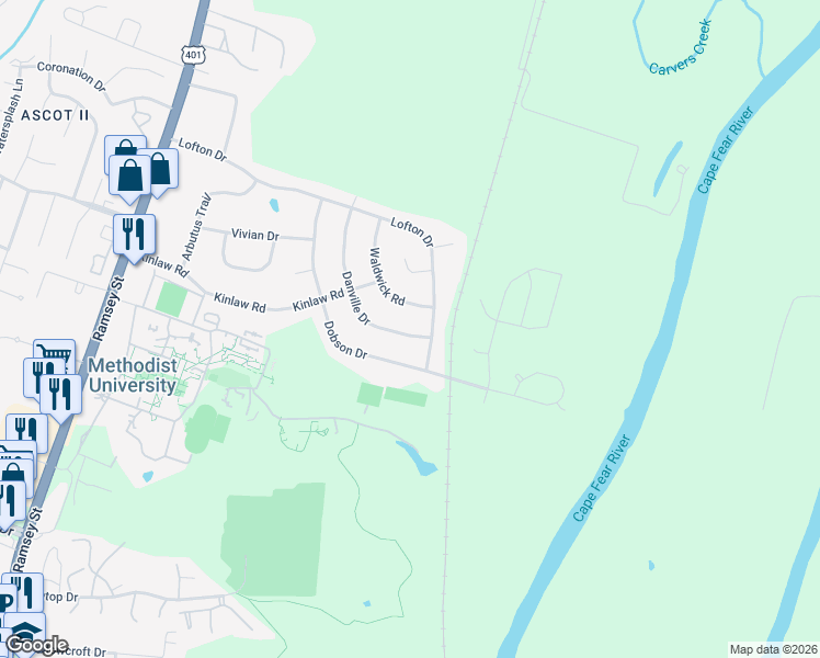 map of restaurants, bars, coffee shops, grocery stores, and more near 5708 Danville Drive in Fayetteville