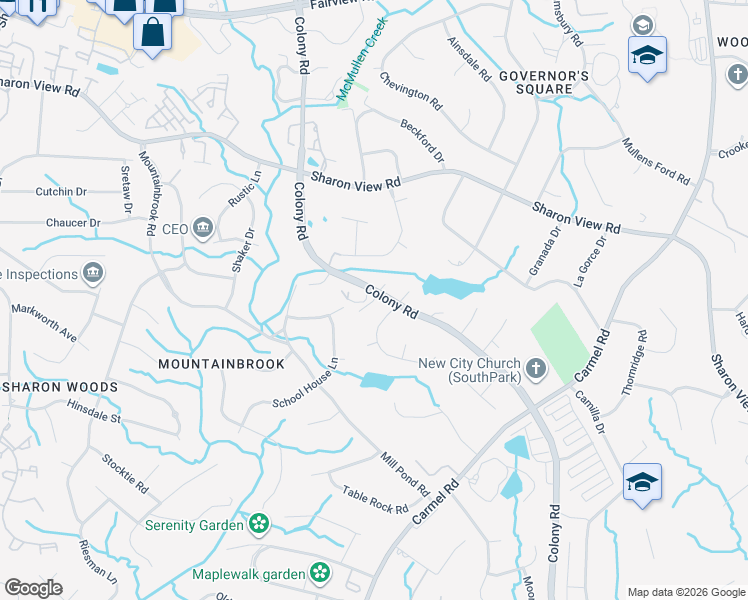 map of restaurants, bars, coffee shops, grocery stores, and more near Amyington Drive in Charlotte