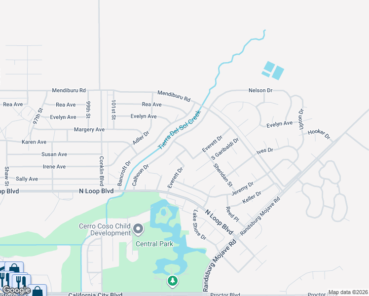 map of restaurants, bars, coffee shops, grocery stores, and more near Trumbull Street in California City