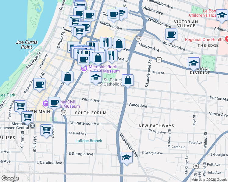 map of restaurants, bars, coffee shops, grocery stores, and more near 408 East Pontotoc Avenue in Memphis